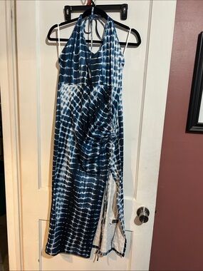 SHEIN Navy and White Tie-Dye Halter Maxi Dress